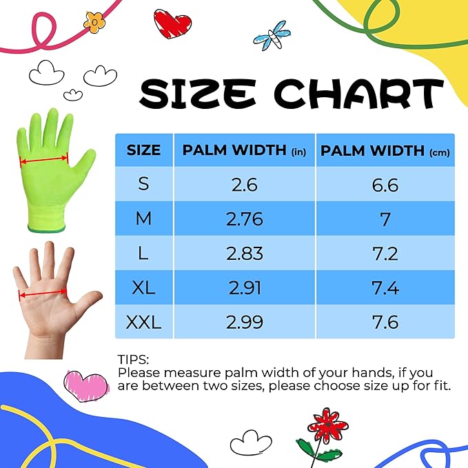 HANDLANDY 2 Pairs Kids Gardening Gloves, Toddler Children Garden Yard Work Outdoor Playing Gloves, Rubber Coating, for Girls Boys Youth (Size L, Green)