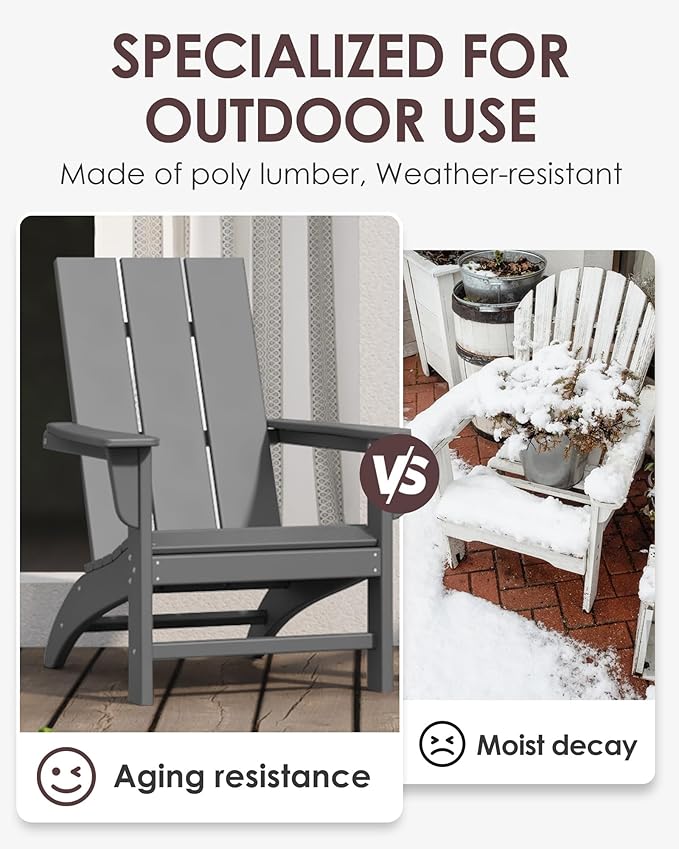 Poly Lumber Adirondack Chair with Cup Holder, All-Weather Resistant Outdoor Patio Chairs, Look Like Wood, Pre-Assembled Outdoor Fire Pit Chair for Pool, Deck, Backyard, Garden, Slate Grey