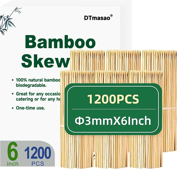 1200PCS 6 inch Bamboo Skewers for wooden sticks, BBQ,Appetiser,Fruit,Cocktail,Kabob,Chocolate Fountain,Grilling,Kitchen,crafting and Party. Φ=3mm, More Size Choices 6"/8"/10"/12"/36"