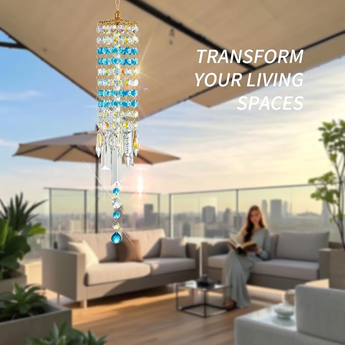 Crystal Wind Chimes for Outside with Rainbow Light Reflections Glass Bells and Rose Gold Alloy Hooks Indoor Outdoor Decor for Home Garden Patio Porch Birthday House Warming (Sky Blue)