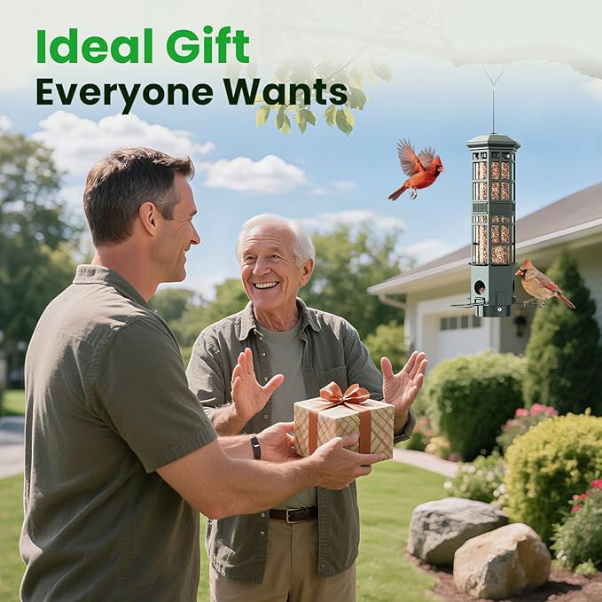 Squirrel Proof Bird Feeder for Outdoors - 3 Port Hanging Metal Bird Feeder with Gravity Spring, 3LB Large Capacity, Chew-Proof & Weather Resistant, Attract Wild Birds, Green