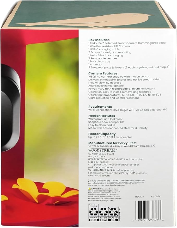 Perky-Pet Smart Bird Feeder with Camera for Hummingbirds - 20 oz Nectar Capacity, Motion Activated 1080p HD, WIi Fi, Camera Feeder Gift Idea