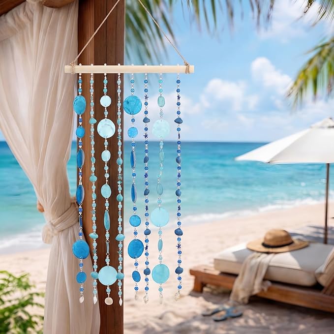 Novabright Capiz Shell Wind Chime for Outside Handmade Ocean Themed Shell Wind Chimes for Outdoors Coastal Nautical Decor for Patio Garden Porch Beach Themed Gift for Nature Lovers(Modern,Blue)