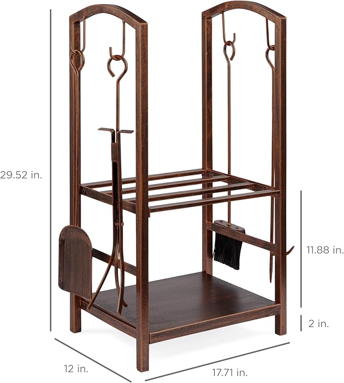 Best Choice Products 5-Piece Indoor Outdoor Wrought Iron Firewood Log Storage Rack Holder Firepit Tools Set for Fireplace, Fire Pit, Stove w/Hook, Broom, Shovel, Tongs - Copper