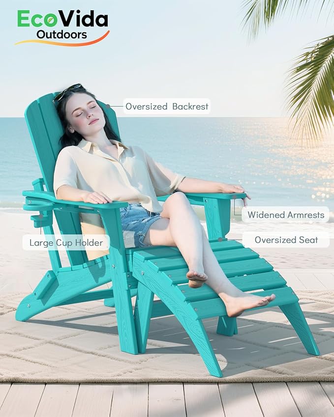 3-Piece Folding Adirondack Chair Set - 38" Extra Tall Back & Embossed Wood Grain, Oversized HDPE Patio Furniture with Side Table & Cup Holders, 380lb Heavy Duty, Aruba Blue