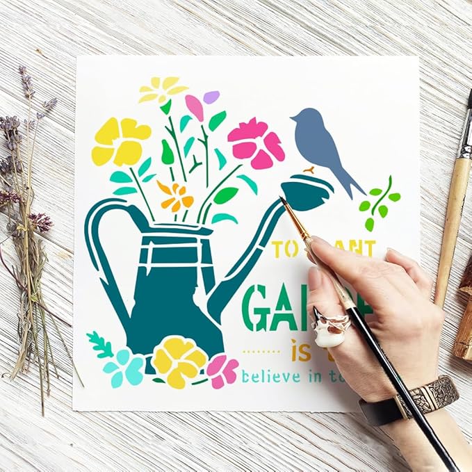 FINGERINSPIRE Garden Painting Template with Brush 11.8x11.8inch Watering Pot Words Painting Template Flowers Birds Painting Stencils Reusable DIY Art Craft Stencil for Painting on Wood Floor Wall