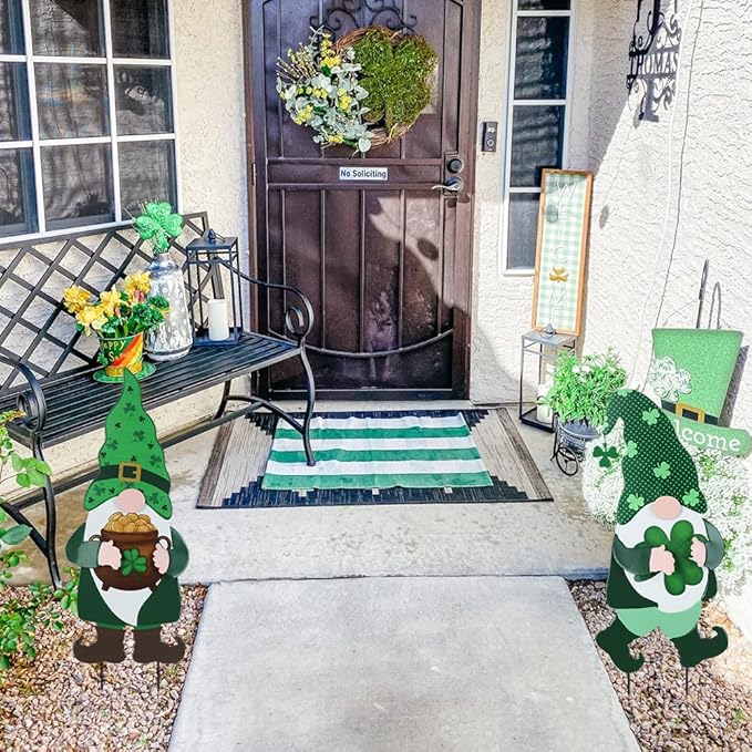 YEAHOME St Patricks Day Decorations Outdoor, 2 Pack Green Gnomes Decorative Garden Stakes for St Patricks Day Decor, Metal Yard Signs for The Home Garden Lawn Patio Decorations