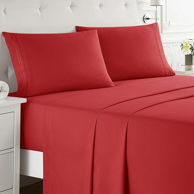 Clara Clark King Sheets Set, Deep Pocket Bed Sheets for King Size Bed - 4 Piece King Size Sheets, Extra Soft Bedding Sheets & Pillowcases, King Cherry Red