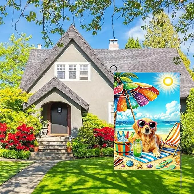 Summer Garden Flag 12x18 Double Sided, Burlap Seasonal Beach Golden Retrieve Dog Garden Flags Summer Decorations Outdoor, Small Decorative Yard Lawn Porch Flags for Outside Decor