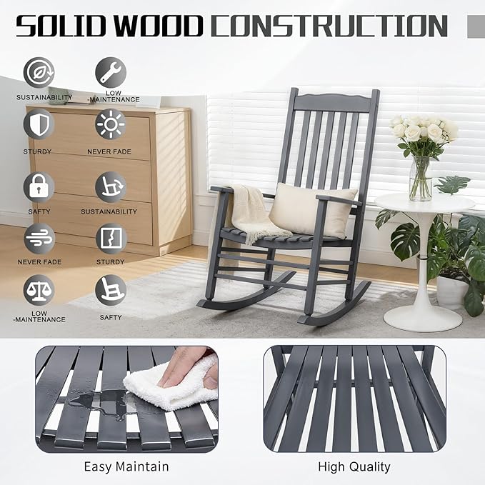 Outvita Outdoor Rocking Chair, Solid Wood High Back Rocker, All Weather Lounge Chair for Porch Patio Fire Pit Garden Backyard Deck Indoor, Wave Shape, Gray