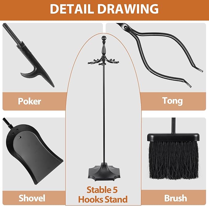 F2C 5 Pieces Fireplace Tools Sets Indoor Outdoor Wrought Iron Large Fire Place Set Tools, Fire Pit Tools,Includes Brush, Shovel, Tongs, Poker, Grabber
