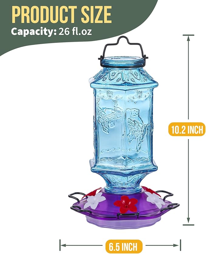 Hummingbird Feeder for Outdoors, Lantern Shaped Bottle, 6 Simulation Flowers Feeding Ports, 26 fl.oz, Hanging for Garden Yard, Rust Proof, Blue(Ant Moat Included)