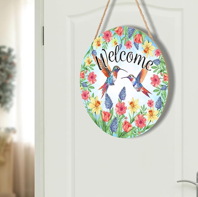 Spring Summer Hummingbird Birds Door Sign Round 12 X 12 Inches Welcome Spring Door Hanger Wall Pediment Farmhouse Floral Door Hanging for Yard Porch Seasonal Summer Decoration Welcome Sign