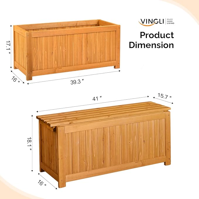 VINGLI Outdoor Wood Bench with Planter Boxes, 2-in-1 All-Weather Porch Bench Seat & Open-Ended Wooden Raised Garden Bed, for Balcony Yard Patio (2 Boxes + Rectangle)