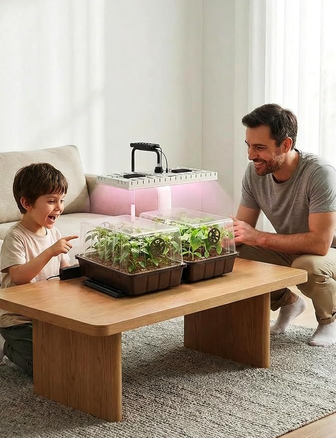 48W Full Spectrum LED Grow Light Seed Starter Kit, 80-Cell Tray with 30W Heating Mat & Adjustable Dome, Waterproof Germination System for Healthy Indoor Seedlings