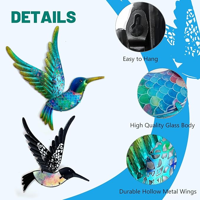 HONGLAND Metal Hummingbird Wall Art 12inch Metal Birds Wall Sculpture Garden Decoration Outdoor Statue Patio Fence Hanging Plaques 2 Pack(Multicolor)