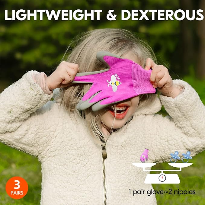 Vgo... 3-Pairs Age 7-9 Kids Gardening Gloves, Children Yard Work Gloves, Soft Safety Rubber Gloves (XS, KID-RB6013)