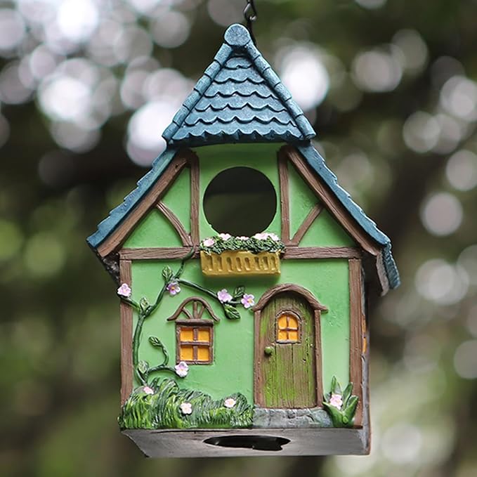 Bird Houses for Outside Cottage Garden Birdhouse –Green Resin Birdhouses for Outdoors with Flower and Stone Details for Bluebird Finches Cardinals Bird Nesting Garden, Patio, Yard