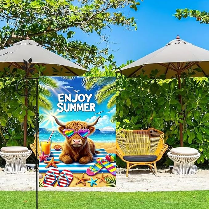 Summer Garden Flags 12x18 Inch Double Sided, Burlap Seasonal Farmhouse Beach Highland Cow Garden Flag Summer Outdoor Garden Decor, Small Decorative Yard Lawn Porch Flags for Outside