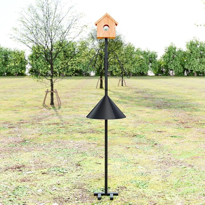 Bird Feeder Pole 93.31 Inch Feeding Station with Squirrel Proof Baffle Heavy Duty Metal Mounting Pole Stand with 4 Shepherd Hooks for Outdoor Decor Black (Bird House Not Included)