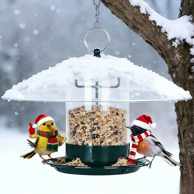 Metal Bird Feeder for Outdoor Hanging with 12” Weatherproof Dome, Weather Resistant Wild Bird Feeder with 360 Degree Feeding Tray, Green