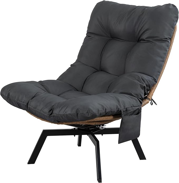 Vongrasig Swivel Wicker Chair PE Rattan Chair with Cushion, Oversized Patio Lounge Chair for Outdoor, Indoor, Balcony, Backyard, Garden, Living Room, Black