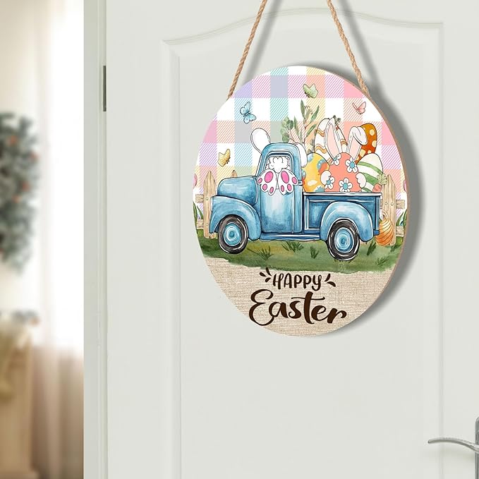 Happy Easter Blue Truck Door Sign For Front Door Decor,Bunny Rabbit Eggs Butterflies Wooden Sign 12"x 12" Round Colorful Plaid Check Hanging Door Sign Decoration for Wall Rustic Decor