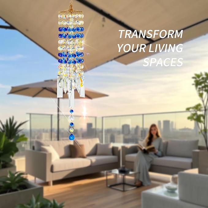 Crystal Wind Chimes for Outside with Rainbow Light Reflections Glass Bells and Rose Gold Alloy Hooks Indoor Outdoor Decor for Home Garden Patio Porch Birthday House Warming (Blue)