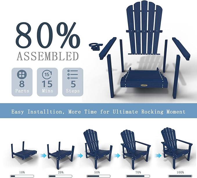 Stackable Adirondack Chair Set of 4, HDPE All-Weather Adirondack Chairs - Durable and Space Saving, Plastic Outdoor Fire Pit Chairs with Cup Holder,Navy Blue