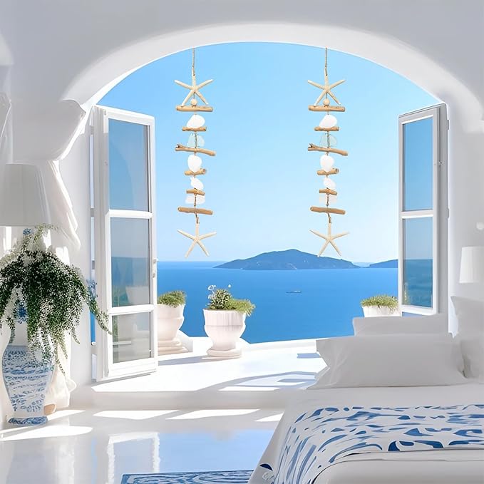 JQAQJU 2PCS Wooden Driftwood Wall Decor, Starfish Bathroom Decor with Sea Shells, Driftwood Beach Room Decor for Home Indoor Outdoor, Coastal Wall Art for Living Room, Bedroom and Dining Room Blue