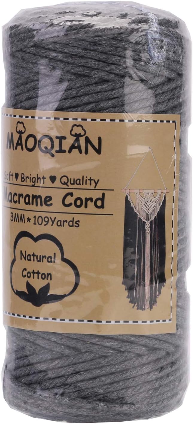 Grey Macrame Cord 3mm x 109Yards,Colored Cotton Rope Colorful Cotton Cord Soft Craft Cord Twine for Wall Hanging Plant Hangers Crafts Decorative Projects
