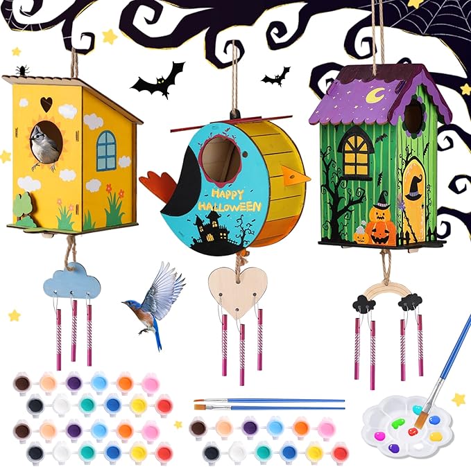 3 Pack Bird Houses Kits for Kids, Wooden Painting Arts and Crafts for Kids Ages 8-12, Build & Paint Your Own Bird Houses and Wind Chime Kits, Toddlers for Girls Boys