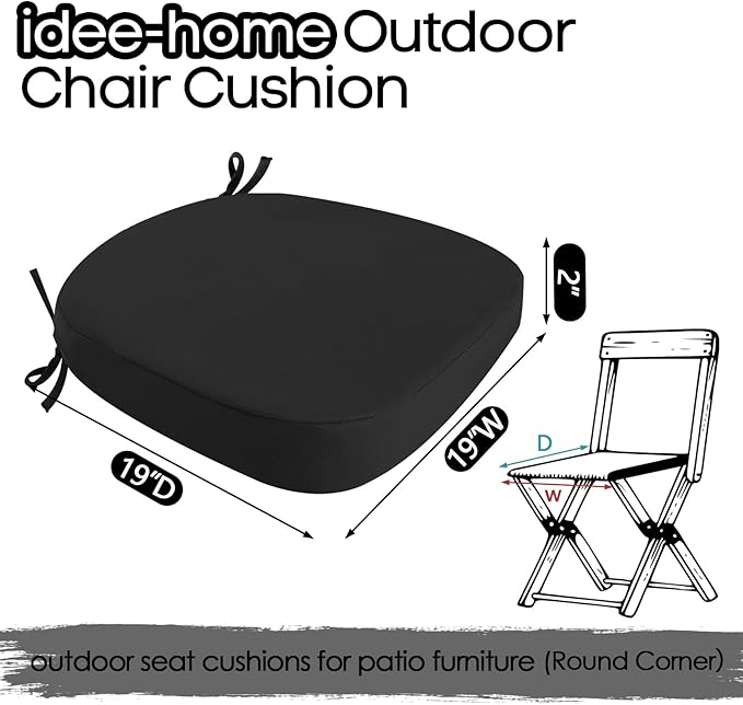 idee-home Outdoor Chair Cushions Set of 2, 19" x 19" x 2" Thick D-Shaped Patio Furniture Outdoor Seat Cushions Waterproof with Ties, Dining Pads