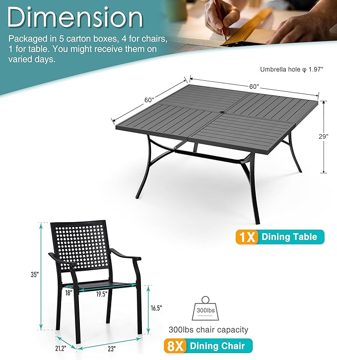 PHI VILLA 9 Pieces Outdoor Dining Set for 8, 60” Square Metal Wrought Iron Table & Stackable Steel Chairs with Cushions, Large Furniture Set for Outdoor Deck, Yard, Porch - Black