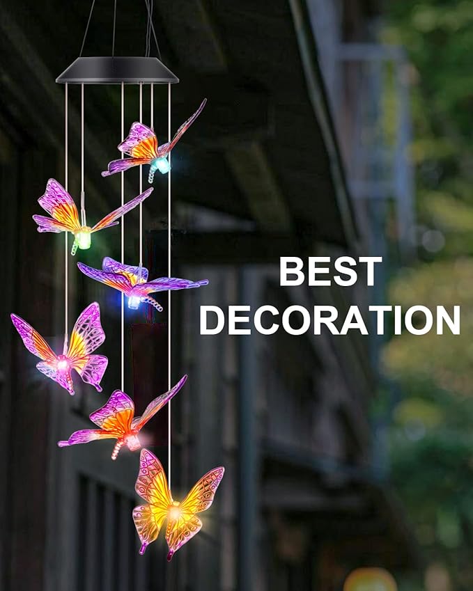 Butterfly Wind Chimes, Solar Wind Chimes/Wind Chimes for Outside Color Changing (Gifts for mom/Gift for Grandmom/Gift for Women) Thanksgiving Gift Butterfly Gift