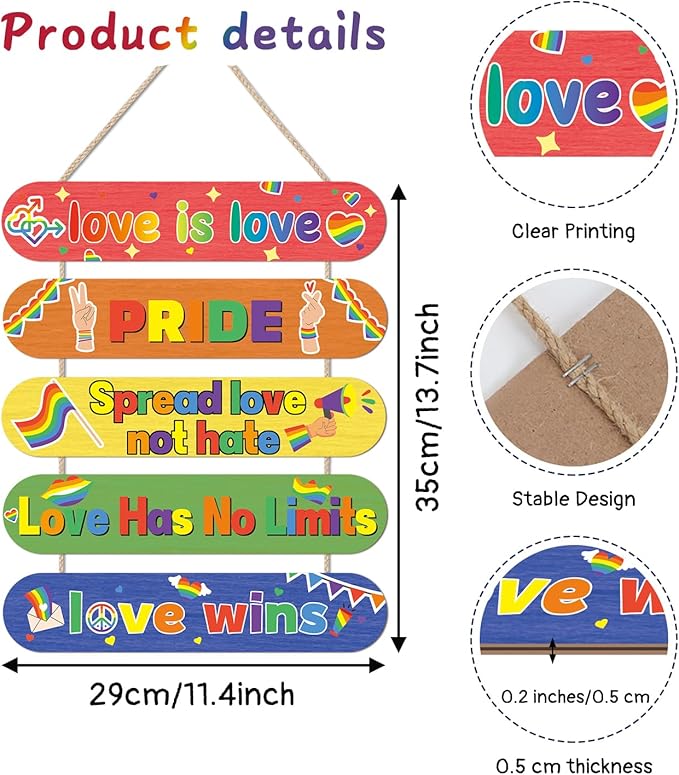 CHDITB LGBT Rainbow Wooden Sign, Love is Love Wooden Hanging Plaque, LGBT Pride Month Door Hanger, Rainbow Love Heart Wall Art Sign Hanger for Gay, Gift for LGBTQ, Couple