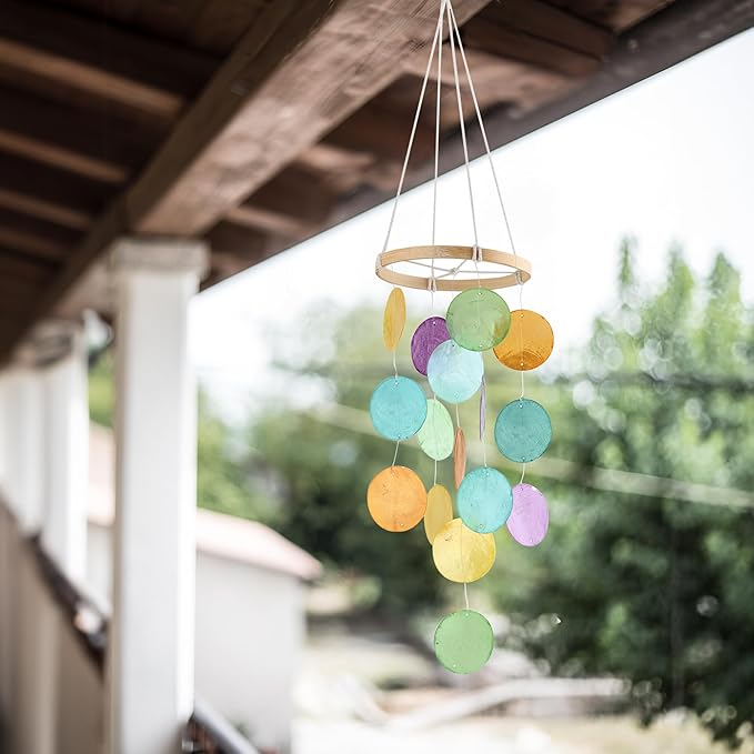Capiz Wind Chimes for Outside, Outdoor Seashell Hanging Beach Coast Ocean Home Decorative, Rainbow Color Natural Shell Waterfall Windchimes for Summer Patio, Window, Porch, Memorial Gift(Multicolor