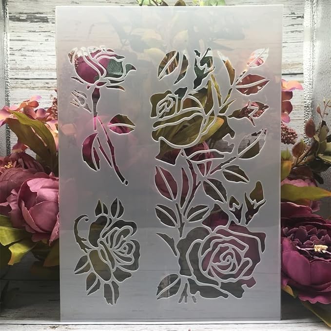 TIAMECH A4 Reusable Rose Flowers Stencil for Painting - Floral Leaves Layering Template, DIY Wall Art, Wood Furniture, Scrapbook & Crafts (8.3x11.7inch)
