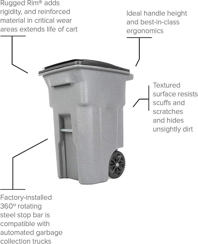 Toter 25564-R1209 Residential Heavy Duty Two Wheeled Trash Can, Blackstone, 64 Gallon