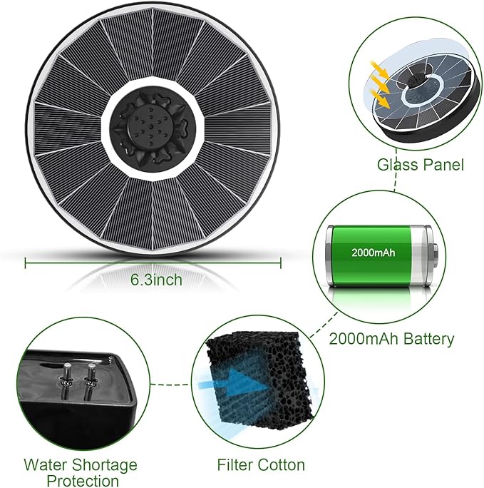 Yzert Solar Fountain with 2000 mAh Battery Backup Works in Cloudy, Glass Solar Powered Bird Bath Fountains with 7 Nozzles, 3.5 W Solar Fountain Pump for Birdbath,Garden, Outdoor, Pond (White)