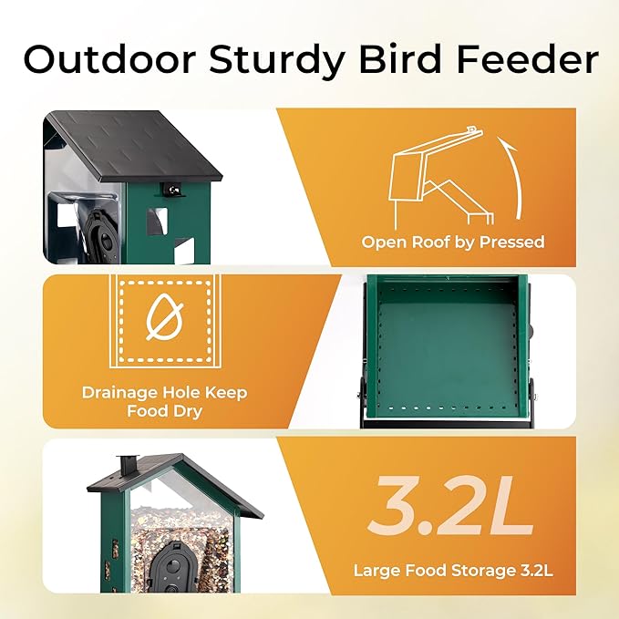 TT Nature Smart Bird Feeder with Camera Solar Powered Squirrels-Proof, AI Identify Bird Species & Instant Arrival Notification Camera, Data Security, Metal Case 3.2L Large Capacity Gift, Green