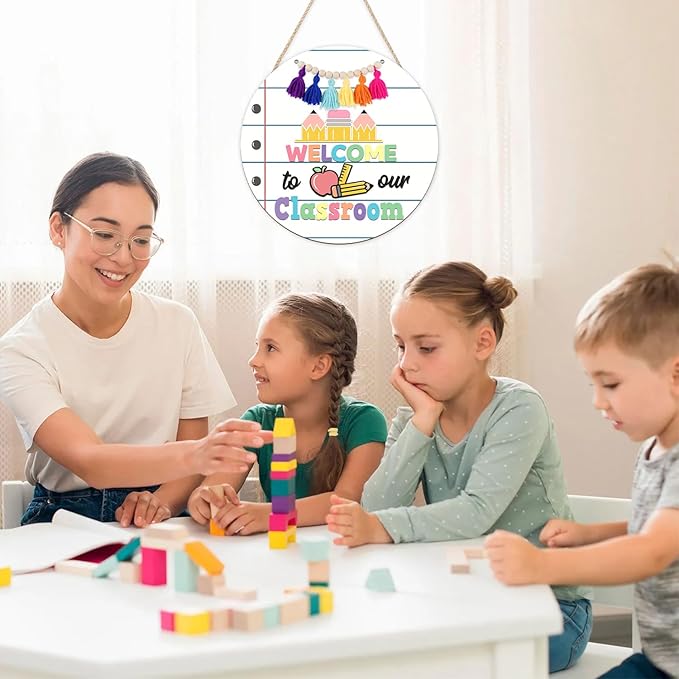 HLNIUC Welcome Wooden Sign(11โx11โ) Welcome to Our Classroom Hanging Plaque, Boho Front Door Signs, Pencil Ruler Apple Wall Decor, Colorful Classroom Door Hanger with Beads Tassels for School Nursery