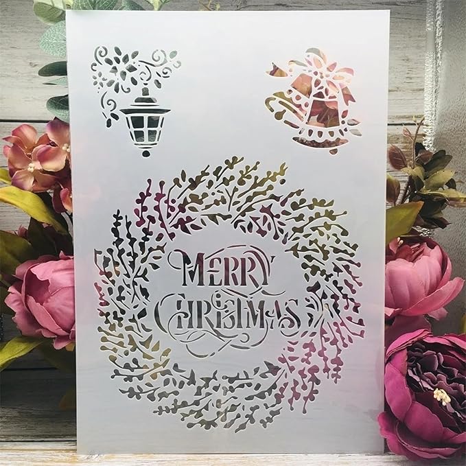 TIAMECH A4 Reusable Merry Christmas Stencil for Painting - Garland Jingle Bell Layering Template, DIY Wall Art, Wood Furniture, Scrapbook & Crafts (8.3x11.7inch)