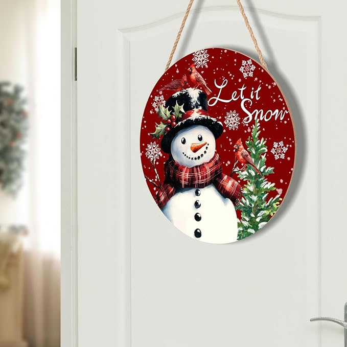 Winter Snowflake Red Door Sign For Front Door Decor,Xmas Snowman Cardinal Bird Wooden Sign 12"x 12" Round Hanging Door Sign Decoration for Wall Rustic Decor