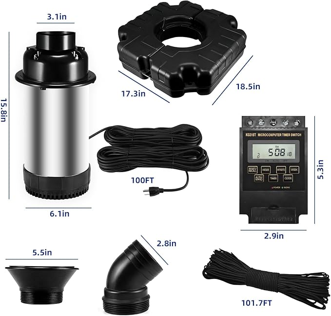 Floating Pond Fountain 1HP 110V 750W with 98Ft Power Cord, Featuring a Timer,2 Fountain nozzles,Metal Pond Waterfall Pump.