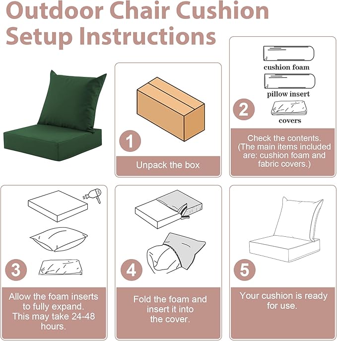Outdoor Deep Seat Cushion Set, 24x24 Inch Water-Resistant & Fade-Resistant Outdoor Chair Cushions, Patio Furniture Cushions with Removable Cover for Patio Chair, Sofa, Forest Green (Set of 4)