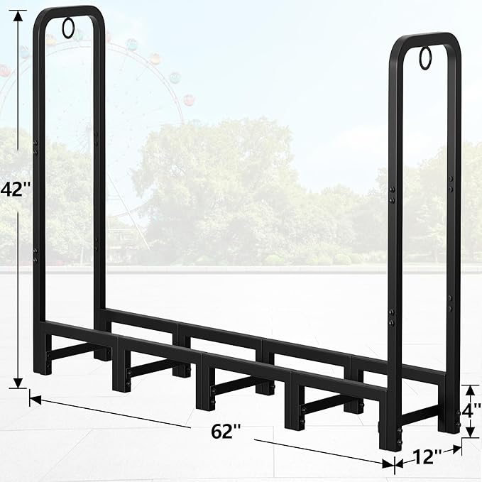 Amagabeli 5ft Firewood Log Rack Outdoor Heavy Duty Logs Holder for Fireplace Indoor Outdoor Adjustable Wood Racks for Fire Wood Holder Metal Pile Stand Storage Stacker Organizer Black