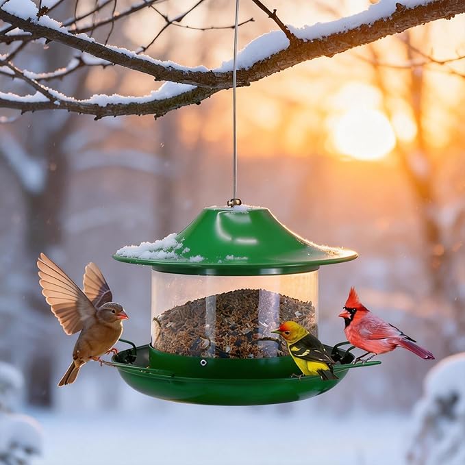 Metal Bird Feeder for Outdoors, Large Capacity Weatherproof Rustproof Wild Bird Feeder with Drainage, Easy to Clean Anti-Squirrel Hanging Feeder for Garden Décor, Nature Green