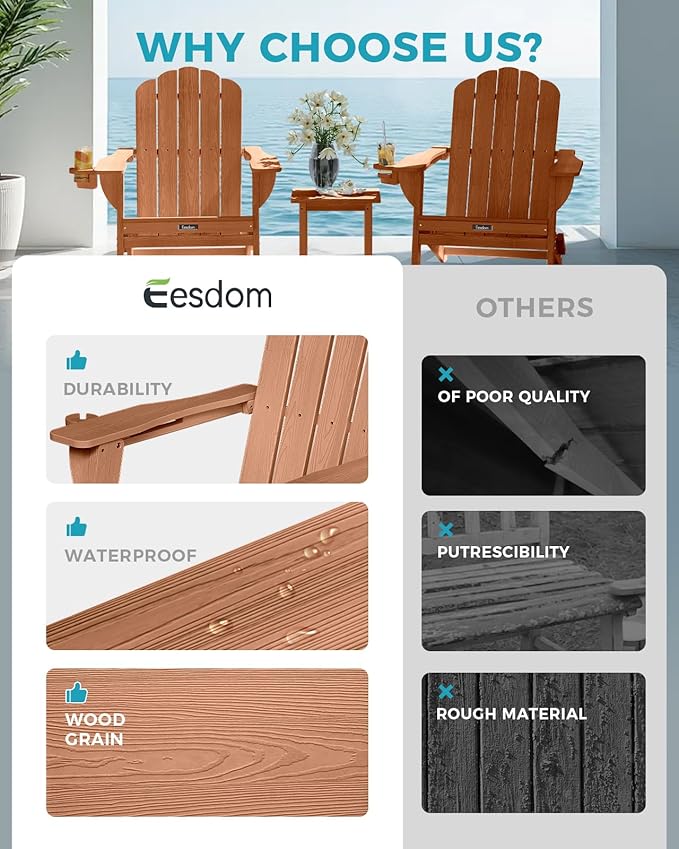 Folding Adirondack Chair, HDPE Adirondack Chair with 2 Cup Holders, Outdoor Fire Pit Chairs for Patio, Garden, Poolside, Teak
