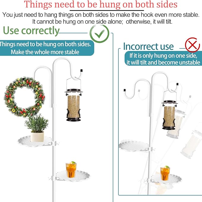 Upgraded 74" Shepherd's Hook Stand plant,Bird Feeder,White Wind Chime Hanger Stand, Waterproof Metal & Adjustable-Height Standing Pole Holder for Wreath, Indoor & Outdoor(2 Placement Racks